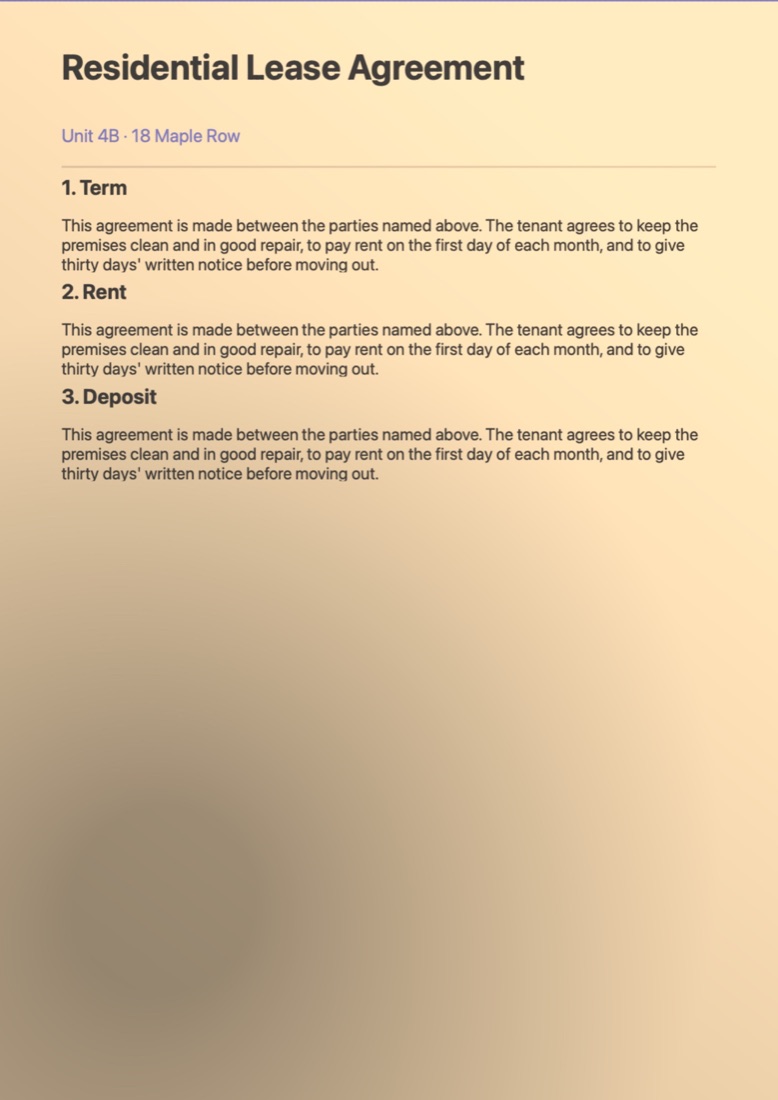 A photo of a lease agreement with a shadow and yellow light